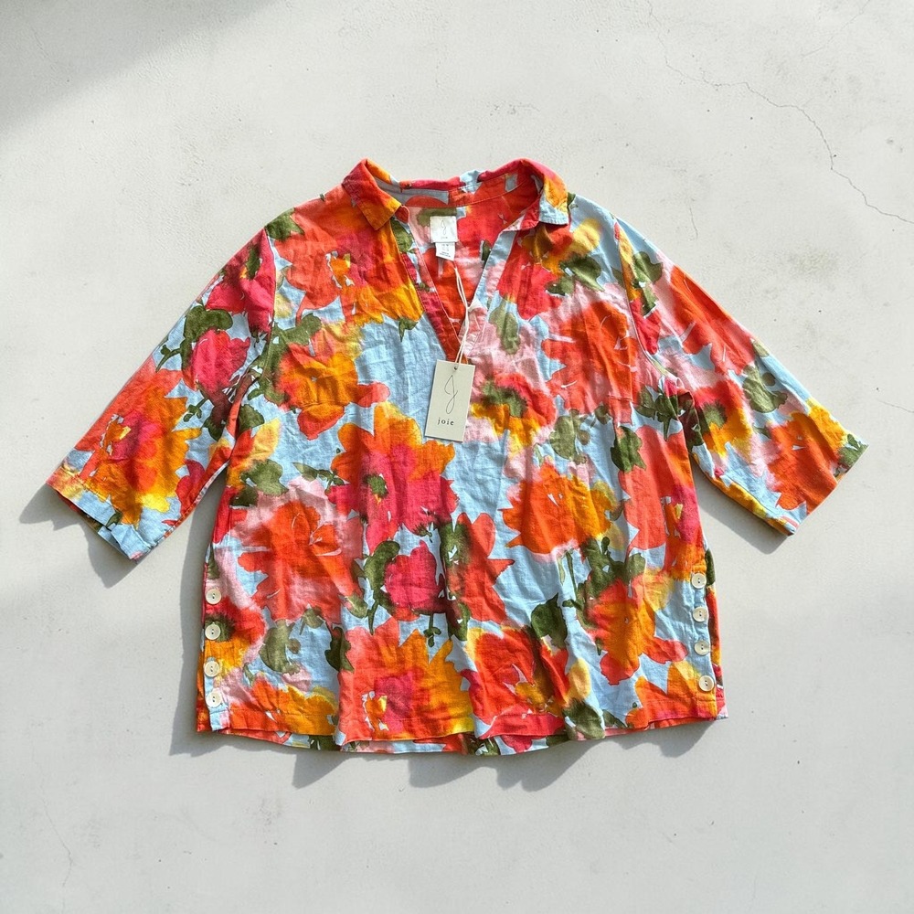 Joie Linen Blend V-Neck Floral Tunic Blouse Women's 1X Watercolor Floral Pattern